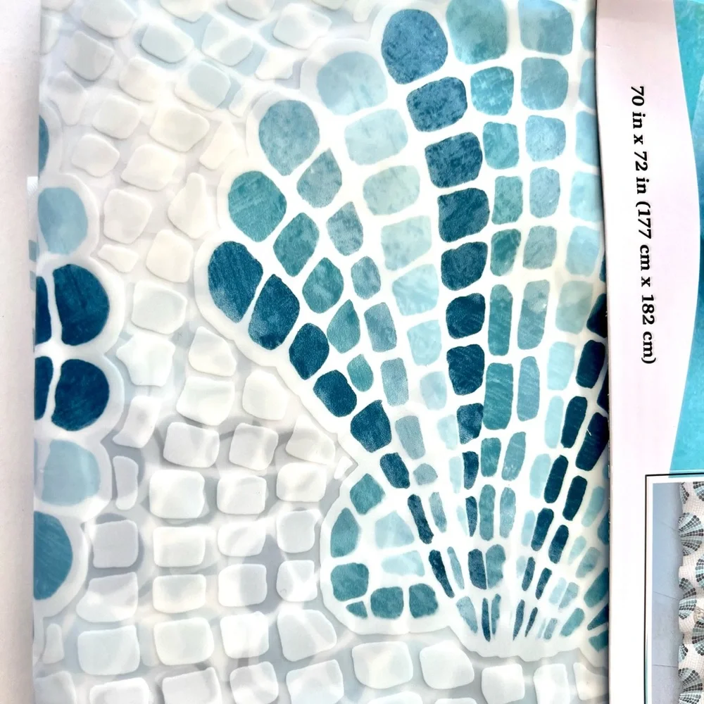 Blue Mosaic Tile Scallop Seashells Peva Shower Curtain Beach Nautical Coastal